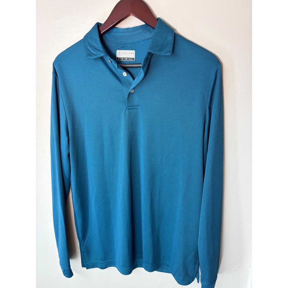 PGA Tour Mens Long Sleeve Polo Shirt Teal Blue Textured Performance Golf Small
